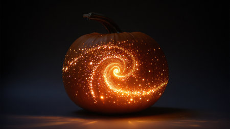 This captivating image features an illuminated pumpkin carved with a cosmic swirl design, exuding a warm glow perfect for Halloween festivities and autumn celebrations.の素材