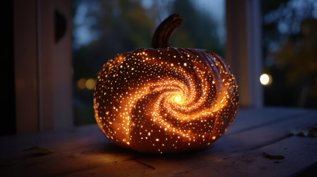 A stunning glowing pumpkin features a spiral of stars and light, capturing the essence of Halloween magic in a cozy autumn setting.の素材
