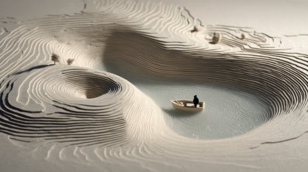 A serene miniature landscape featuring a model boat on calm water, nestled among intricately crafted sand dunes, evoking tranquility and creativity.の素材