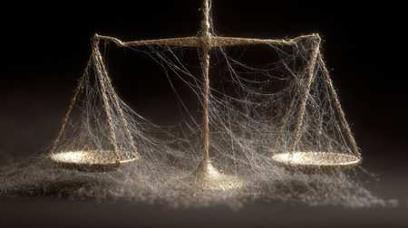 This image features an abandoned set of scales of justice, covered in dust and cobwebs, symbolizing neglect in the legal system and lost values.の素材