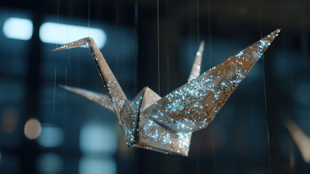 A stunning origami crane hangs gracefully, featuring a mesmerizing circuit pattern that combines art and technology for a striking modern look.の素材