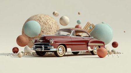 A classic vintage car is artistically arranged with colorful geometric shapes and textured spheres, creating a playful and modern aesthetic.の素材