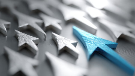 A striking blue arrow stands out among silver arrows, illustrating themes of individuality, direction, and strategic choices in a visually engaging design.の素材