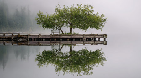 A tranquil scene depicting a tree reflected in still lake water, surrounded by foggy weather, featuring a rustic wooden dock.の素材