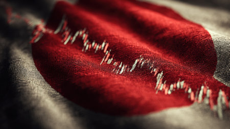 A captivating close-up view of the Japanese flag showcasing rich textures and vibrant colors, embodying cultural heritage and national pride.の素材
