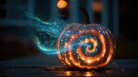 A captivating pumpkin features magical swirling lights and glowing patterns, creating an enchanting Halloween atmosphere perfect for festive decorations.の素材