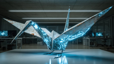 A stunning metallic crane sculpture illuminated with neon lights, set in a sleek modern laboratory, embodies innovation and artistic creativity.の素材