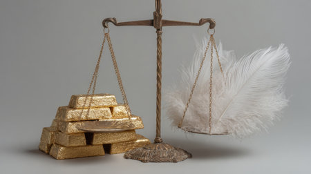 A striking composition featuring a set of scales that juxtaposes the weight of gold bars against a delicate feather, symbolizing the balance between material wealth and ethical considerations.の素材