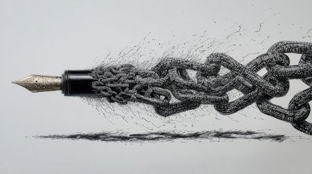 This captivating illustration features a fountain pen shattering chains, symbolizing creativity and freedom. The dynamic ink flow embodies artistic expression and imagination.の素材