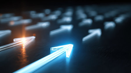 This captivating image features glowing arrows moving forward, symbolizing progress and innovation. Ideal for technology and growth themes.の素材