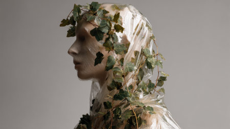 A captivating shot of an ethereal mannequin enveloped in transparent plastic and dressed with lush green ivy, creating a stunning blend of nature and art.の素材