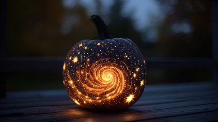A beautifully carved pumpkin featuring an intricate spiral design illuminated at night, perfect for Halloween festivities and autumn celebrations.の素材
