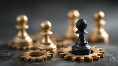 A striking image of a black chess pawn surrounded by golden pawns and gears, representing strategic thinking and competitive spirit in life and business.の素材