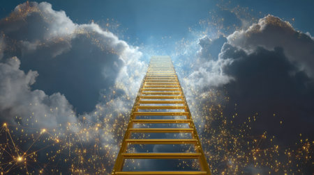A captivating image of a golden ladder reaching upwards through soft clouds, illuminated by sparkling stars, evoking a sense of hope and dreams.の素材