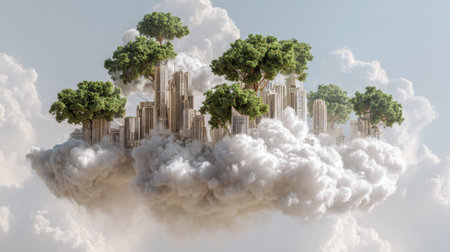 This captivating image depicts a futuristic cityscape adorned with lush green trees, suspended among soft clouds. It evokes feelings of harmony and innovation.の素材