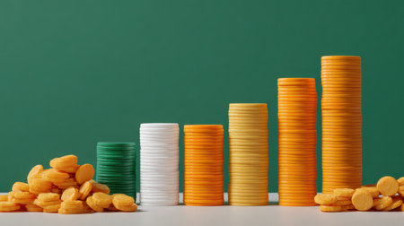 Stacked coins in various colors symbolize growth and success in finance. This image represents investment strategies and fiscal planning in a vibrant way.の素材