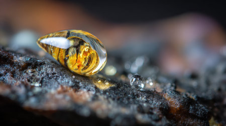 This captivating close-up shows a unique water droplet resting on a textured surface, with shimmering bokeh and rich earthy colors creating an enchanting atmosphere.の素材