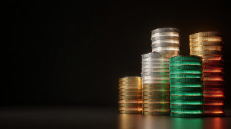 A visually striking display of colorful coins stacked against a dark background, symbolizing finance, investment opportunities, and wealth growth strategies.の素材