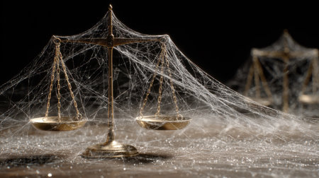 This striking image features golden scales of justice enveloped in cobwebs, symbolizing neglected law and the fleeting nature of justice in a dimly lit space.の素材