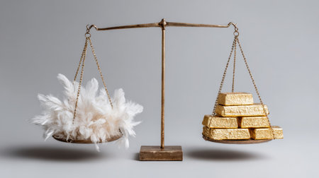 This visually striking image features a classic balance scale showcasing light feathers on one side and heavy gold bars on the other, symbolizing contrasting values and choices.の素材