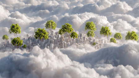 Discover a stunning aerial view of a futuristic cityscape nestled among lush green trees and soft white clouds, evoking a sense of tranquility and wonder.の素材