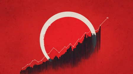 This abstract illustration showcases financial growth, featuring a rising chart against a vibrant red background with a circular sun motif, symbolizing progress and success.の素材