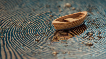 A beautiful wooden model boat gently floating on a calm water surface, surrounded by delicate circular ripples and tiny droplets, evoking tranquility.の素材