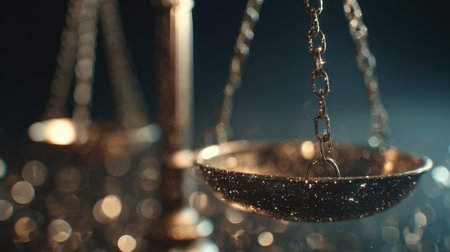 This captivating image features a close-up view of justice scales with a glimmering background. It symbolizes fairness and balance in the realm of law.の素材
