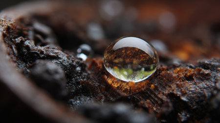A stunning close-up image of a perfect water droplet resting on a wooden surface, showcasing intricate reflections of nature. The detailed texture and serene ambiance enhance the beauty of this macro photograph.の素材