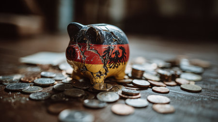 A striking image of a cracked piggy bank featuring the German flag, surrounded by scattered coins on a rustic wooden surface. This photo explores themes of finance, savings, and economic challenges.の素材