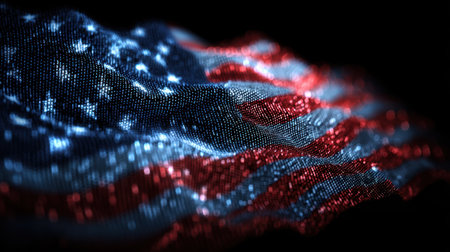 A mesmerizing digital depiction of the American flag, featuring a vibrant wave of stars and stripes, capturing the spirit of patriotism in an artistic fashion.の素材
