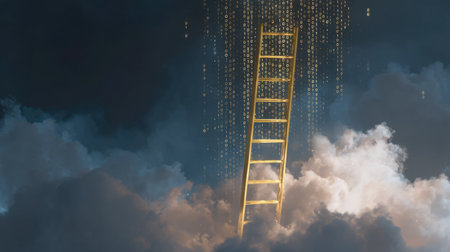 A striking golden ladder rises through soft clouds, with a cascade of binary code falling around it. This artwork symbolizes the intersection of technology and aspiration.の素材