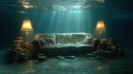 A unique and surreal underwater scene featuring a flooded couch surrounded by books and illuminated by soft lamp light, creating a tranquil atmosphere.の素材