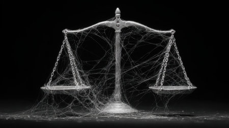 This artistic black and white image features a traditional scale of justice encased in intricate webs, symbolizing the complexity and challenges faced in legal systems today.の素材