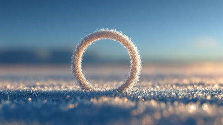 A stunning frost-covered circle standing out against a snowy backdrop, illuminated by the soft light of sunrise, creating a serene atmosphere.の素材