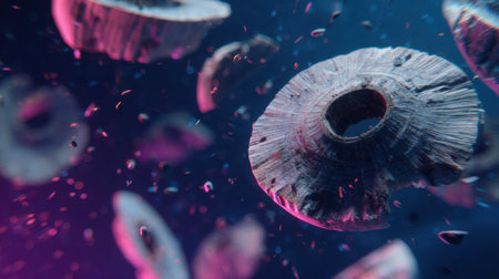 A visually captivating abstract scene featuring floating forms with vibrant colors and luminous particles, suggesting energy and movement.の素材