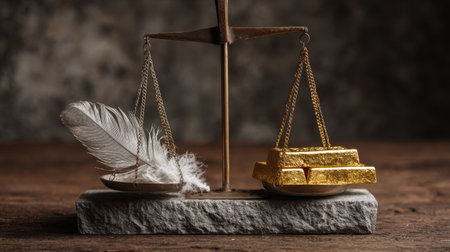 This image captures a balance scale with a feather representing truth and gold bars symbolizing wealth, highlighting the contrast between values.の素材