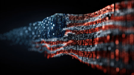 This striking digital artwork showcases an abstract interpretation of the American flag, depicted through a wave of binary code and vibrant light effects, emphasizing themes of technology and patriotism.の素材