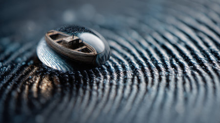 A stunning macro shot depicting a small boat reflected in a water droplet resting on a textured surface. The image captures serene ripples and intricate details.の素材