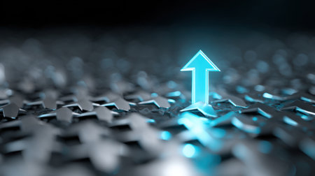 A striking 3D arrow rises above a textured metallic surface, signifying growth and progress in business and technology themes. Ideal for various visual applications.の素材