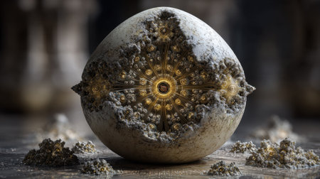 A captivating and unique egg-shaped structure features intricate glowing patterns and textures, set in a mystical environment showcasing artistic beauty.の素材