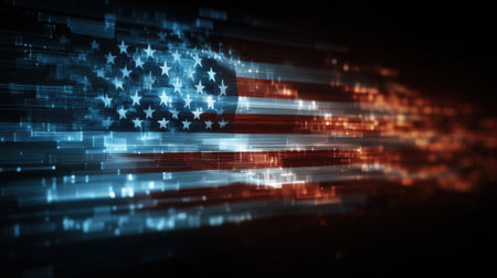 This abstract image features a modern interpretation of the American flag created with glowing lines and digital effects, evoking themes of technology and patriotism.の素材