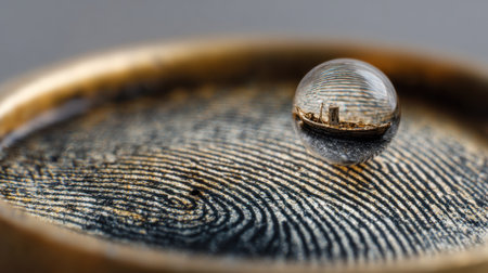 This captivating macro photograph showcases a water droplet reflecting a detailed fingerprint pattern on a metallic surface, creating a stunning visual effect that highlights the beauty of uniqueness and nature's intricacies.の素材