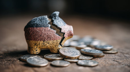 A unique image of a cracked piggy bank painted in German colors, surrounded by coins on a wooden surface, illustrating financial struggles and economic issues.の素材