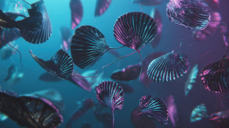Discover an enchanting underwater scene, featuring colorful shells gracefully floating in a mystical blue-purple setting, evoking tranquility and beauty.の素材