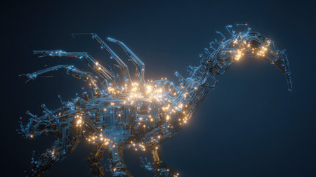 A stunning fusion of nature and technology, this artwork showcases a robotic bird made of intricate circuitry with luminous features, set against a blue backdrop.の素材