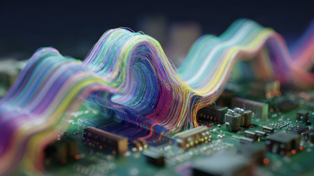 This close-up image features vibrant, flowing waves of color over a circuit board, symbolizing the complex beauty of technology and data transmission.の素材
