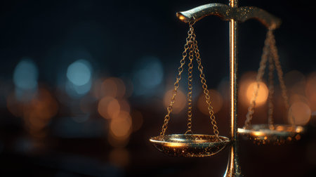 The image captures golden scales of justice, representing balance and fairness, set against a dark backdrop with blurred lights that enhance its elegance.の素材