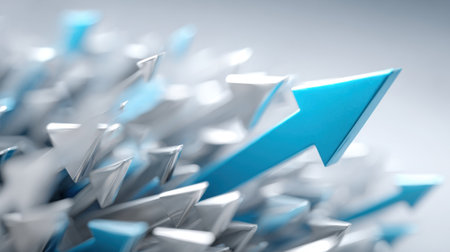This captivating abstract image features a dynamic arrangement of metallic arrows in silver and blue, symbolizing growth and upward movement. Perfect for business or creative projects, it evokes themes of progress and innovation.の素材