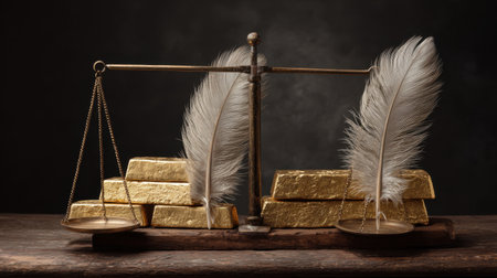 A captivating visual of antique scales balancing golden bars and soft feathers, representing the interplay of wealth, truth, and justice in a dramatic setting.の素材